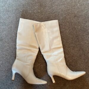 Boohoo Cream Heeled Knee-High Boots